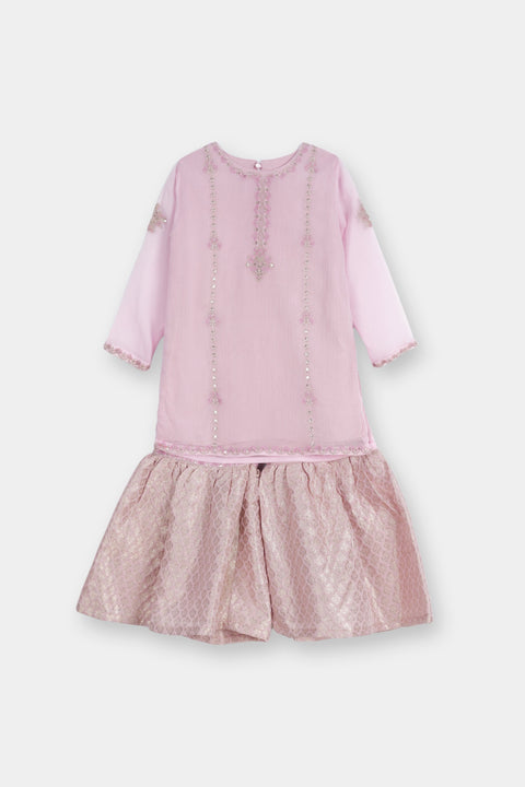 Baby Pink Infant Chiffion Kameez & Jamawar Gharara 2pc