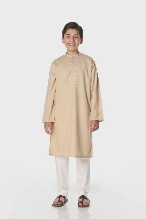 Beige boys karandi kurta with embroidery and white trouser