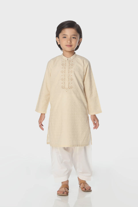 Beige Boys Jacquard Kurta With Embroidery & White Trouser