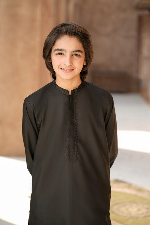 Black Boys Kurta with Embroidery Black Trouser 2pc