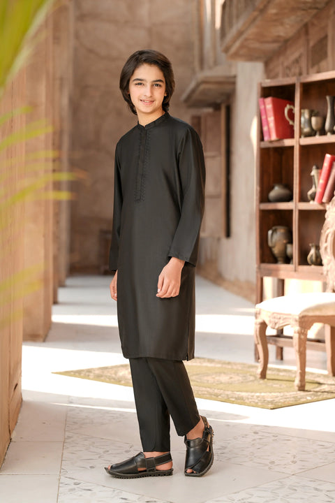 Black Boys Kurta with Embroidery Black Trouser 2pc