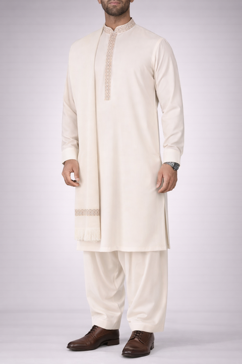 Burooj Off White Men's Shalwar Kameez With Shawl - Regular Fit