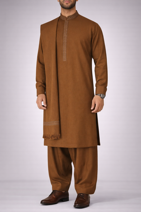 Burooj Rust Men's Shalwar Kameez With Shawl - Regular Fit