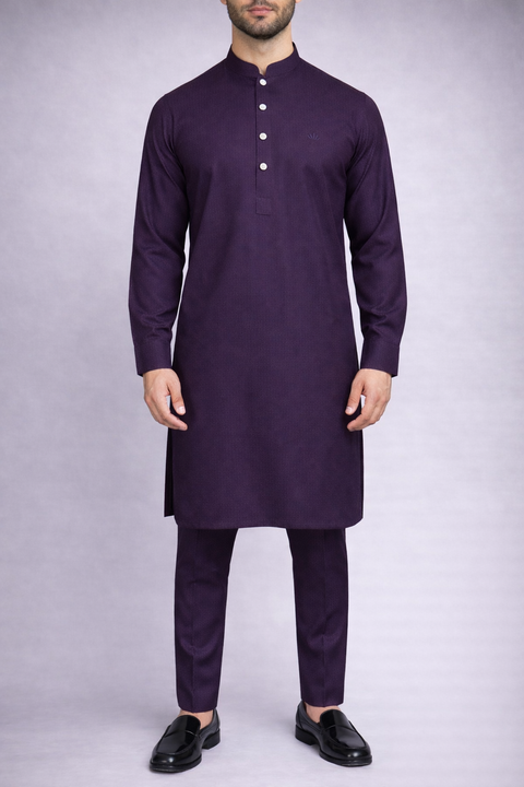 Mens Pakistani purple kurta trouser premium fabric with silver buttons