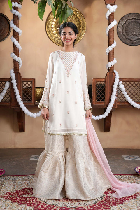 Cream & Pink Ghararah with Dupata 3pc