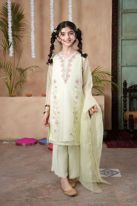 Lime Green Girls Embellished Kameez, Trousers & Dupatta