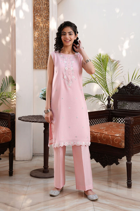 Pink Silk Embellished Kameez & Trousers Flower