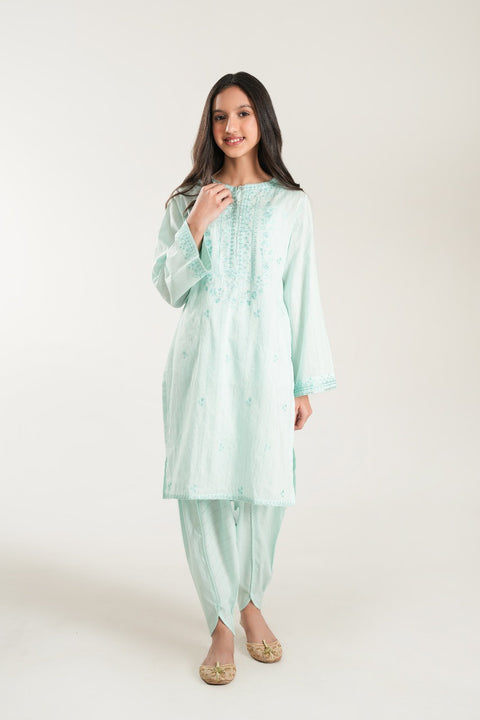 Mint Embroidered Kameez With Tulip Shalwar 2pc