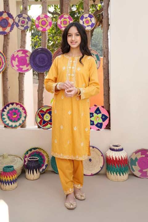 Mustard Teens Embroidered Kameez With Embroidered Shalwar 2pc