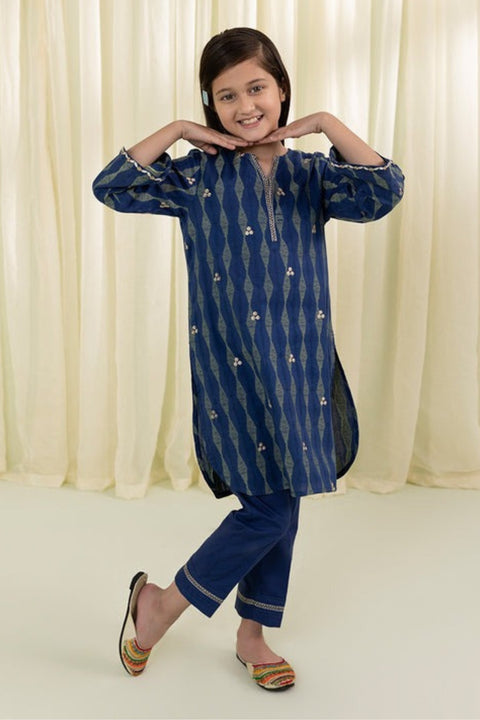 Girls 2 Piece - Navy Embroidered Jacquard Suit