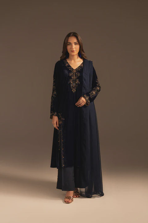 Navy Blue 3 Piece Velvet Embroidered Suit