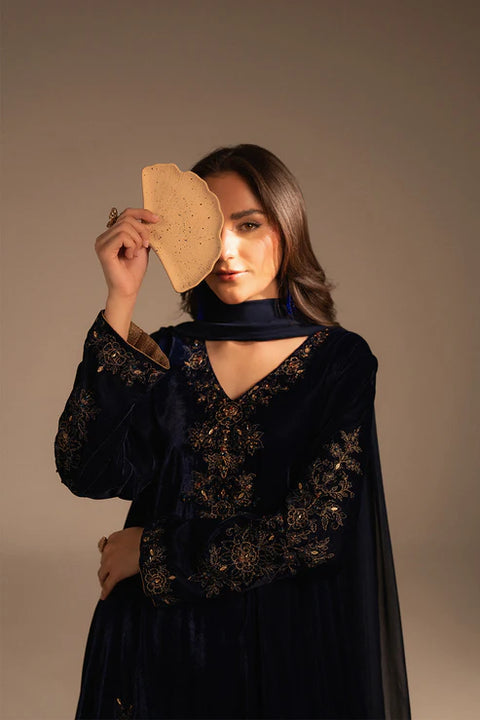Navy Blue 3 Piece Velvet Embroidered Suit
