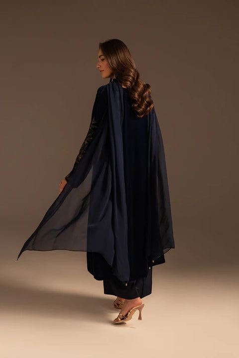 Navy Blue 3 Piece Velvet Embroidered Suit