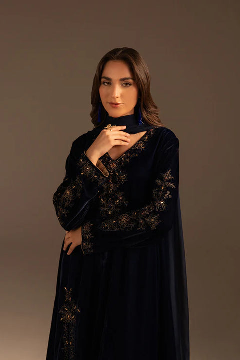 Navy Blue 3 Piece Velvet Embroidered Suit