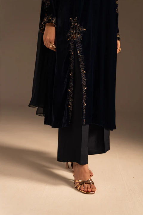 Navy Blue 3 Piece Velvet Embroidered Suit