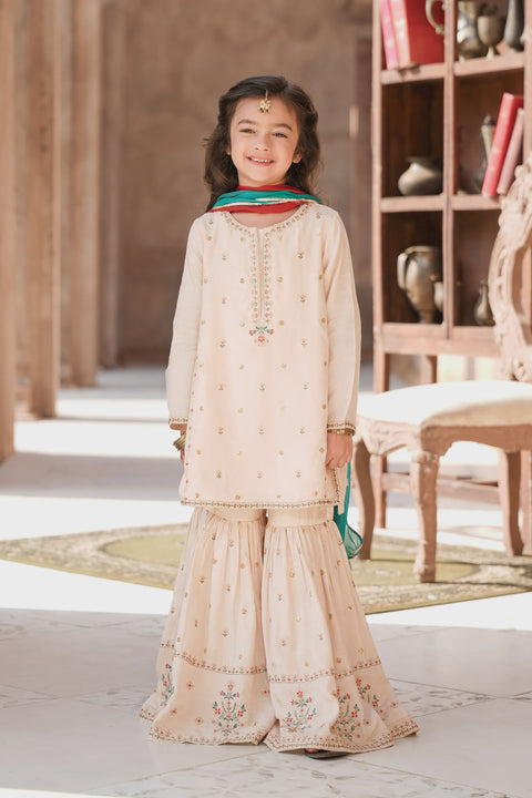 Off White Girls Embellished Kameez & Gharara With Dupatta 3pc