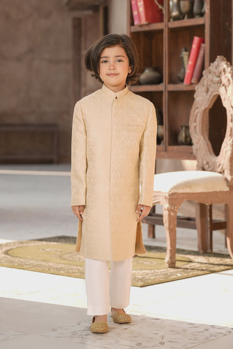 Boys Beige Jamawar Sherwani with White Trouser
