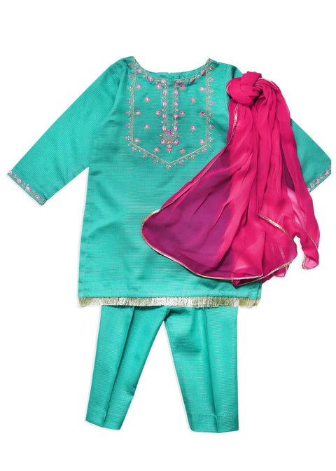 Turquoise Embellished Kameez, Trousers & Dupatta