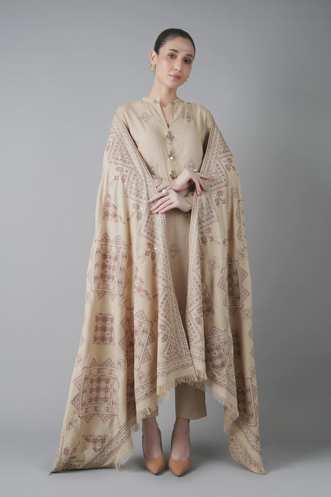 Bareeze Unstitched Lawn Karandi TRIBAL POSHAK-PATI SHISHA WORK with SHAWL 3pc