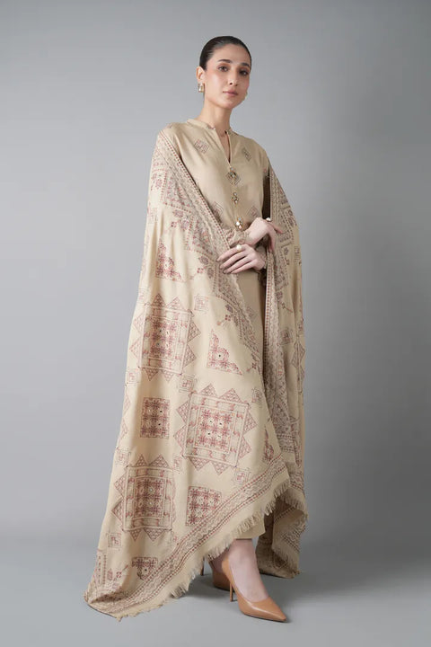 Bareeze Unstitched Lawn Karandi TRIBAL POSHAK-PATI SHISHA WORK with SHAWL 3pc