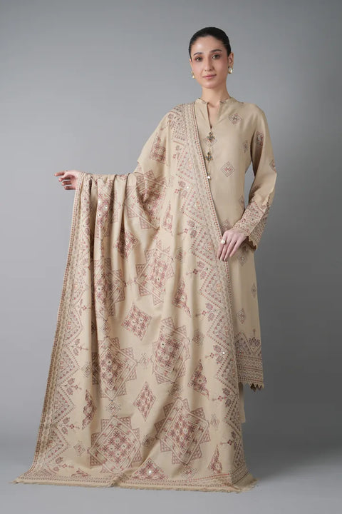 Bareeze Unstitched Lawn Karandi TRIBAL POSHAK-PATI SHISHA WORK with SHAWL 3pc