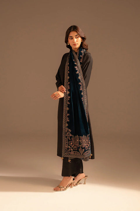 Teal Velvet Embroidered Stole 1pc