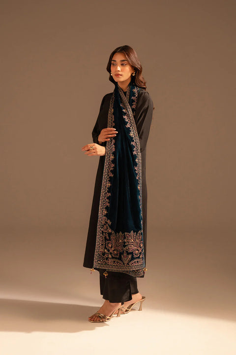 Teal Velvet Embroidered Stole 1pc