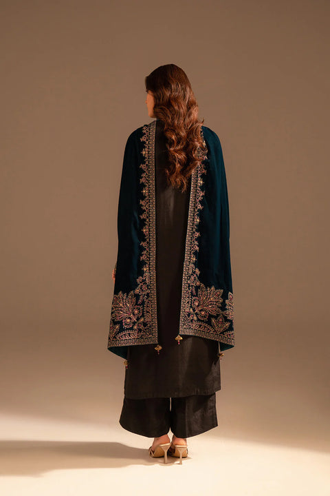 Teal Velvet Embroidered Stole 1pc