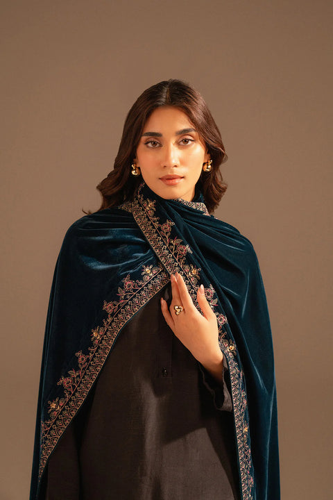 Teal Velvet Embroidered Stole 1pc