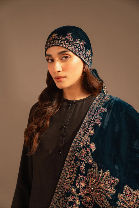 Teal Velvet Embroidered Stole 1pc