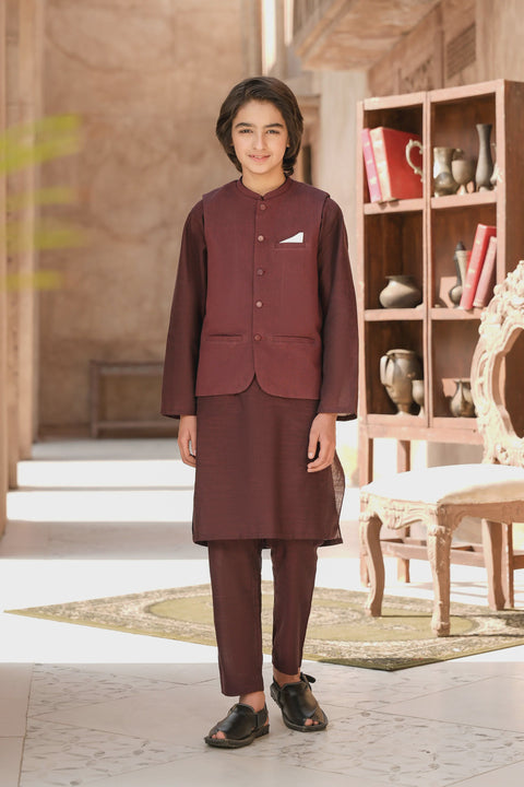 Maroon Boys Kurta Trousers & Waistcoat Set