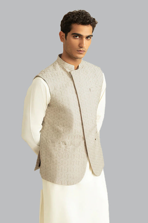 Burooj Man Beige Schiffli Embroidered Waistcoat Regular Fit