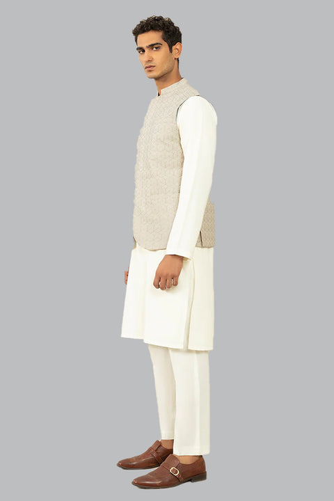 Burooj Man Beige Schiffli Embroidered Waistcoat Regular Fit