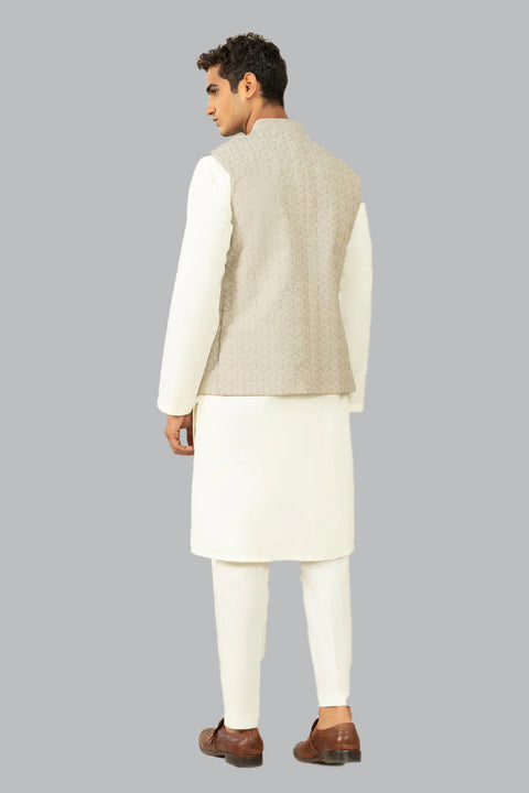 Burooj Man Beige Schiffli Embroidered Waistcoat Regular Fit