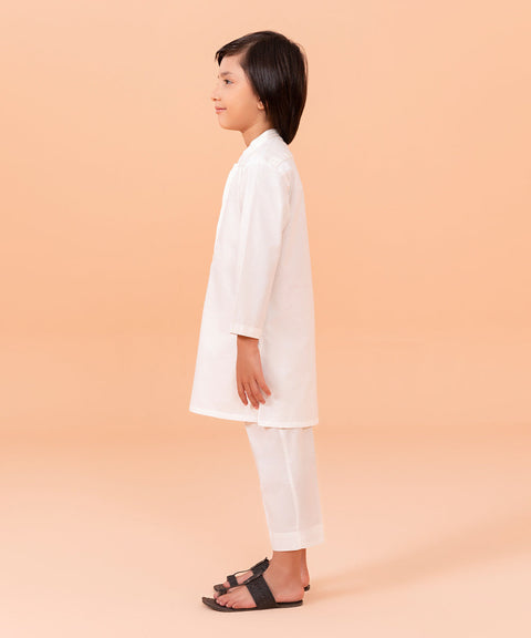 Boys White Embroidered Jacqurad Kurta trouser 2pc