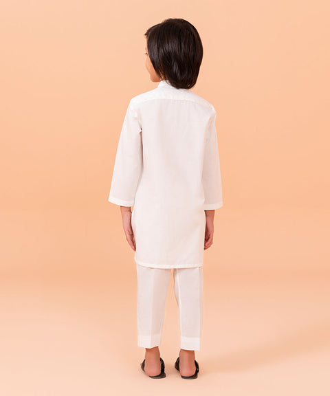 Boys White Embroidered Jacqurad Kurta trouser 2pc