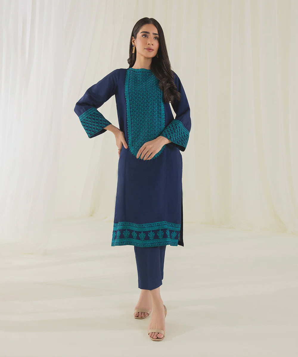 Sapphire 2 Piece Navy Blue Silk Straight Kurta with Trousers