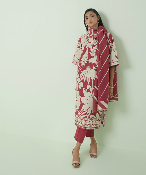 Sapphire 3 Piece Cherry Pink Printed Light Khaddar Suit