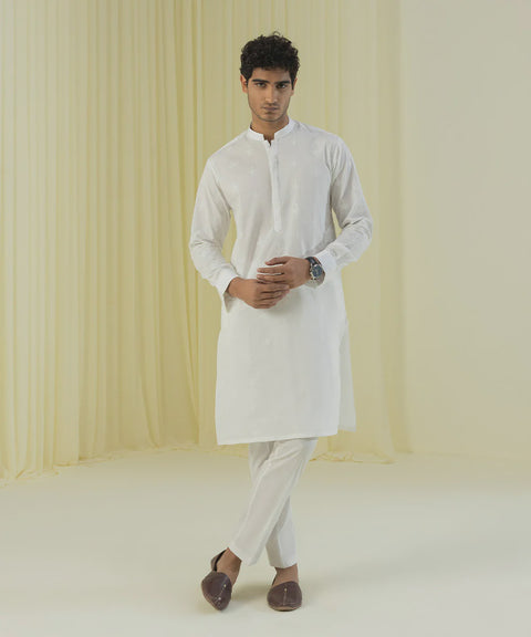Burooj Man White Embroidered Cotton Chicken Kari Kurta Trouser Slim Fit