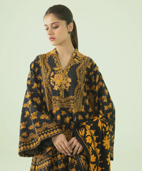 Sapphire 2 Piece Black & Mustard Embroidered Khaddar Shirt & Shawl