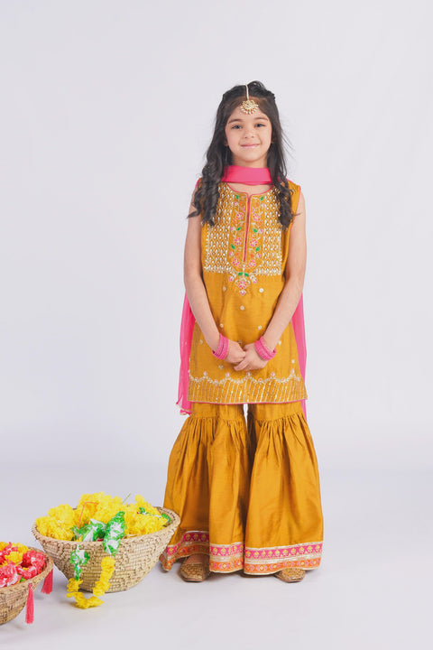 Girls Mustard Kameez Gharara & Dupatta 3pc