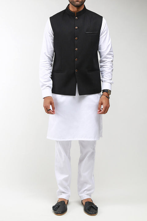 Burooj Man Black Khaddar Satin Piping  Slim Fit Men's Waistcoat