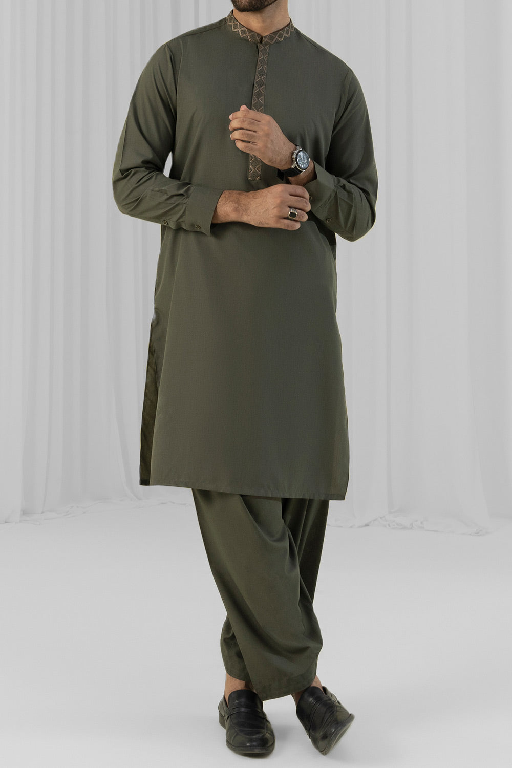 Burooj Man Olive Green Embroidered Wash Wear Shalwar Kameez