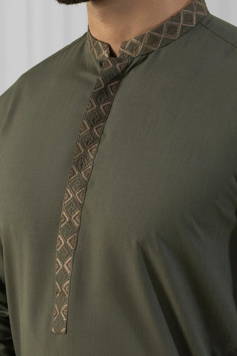 Burooj Man Olive Green Embroidered Wash & Wear Shalwar Kameez Regular Fit