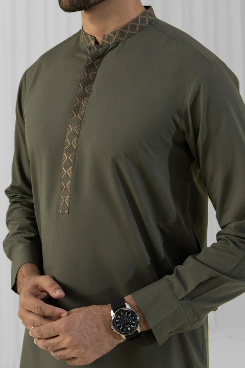 Burooj Man Olive Green Embroidered Wash & Wear Shalwar Kameez Regular Fit