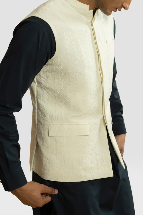 Embroidered Off White Schiffli Mens Waistcoat.