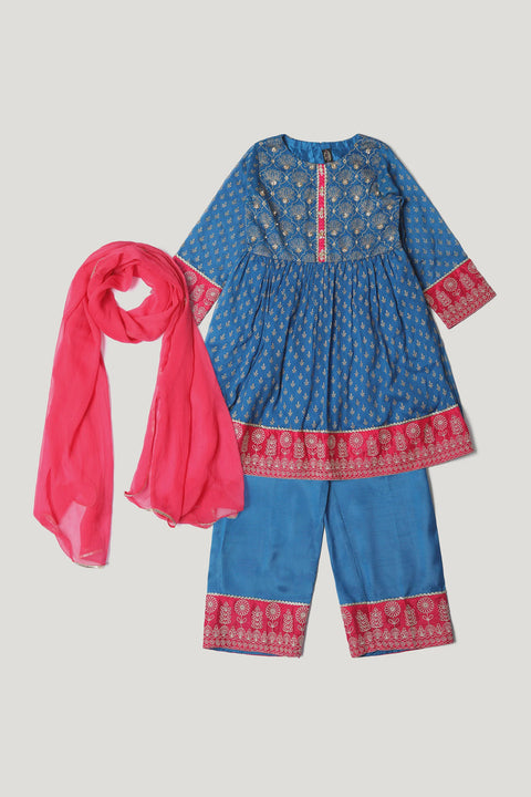 Blue Girls Chiffion Kameez Trouser & Dupatta