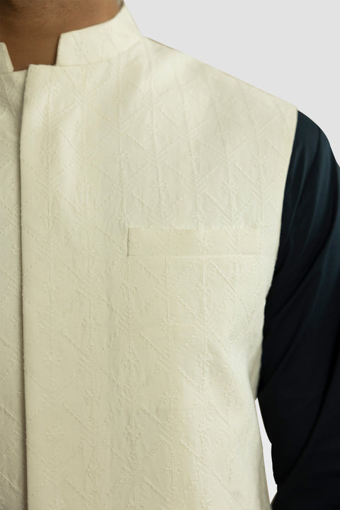 Embroidered Off White Schiffli Mens Waistcoat.