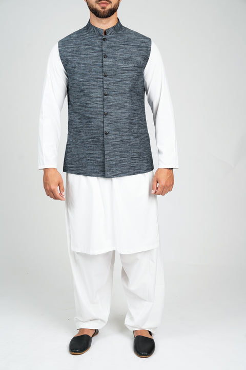 Burooj Men's Blue khaddar Stripe Waistcoat