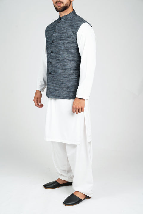 Burooj Men's Blue khaddar Stripe Waistcoat